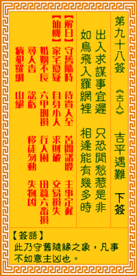 觀音靈簽98簽解簽 觀音靈簽第98簽在線解簽